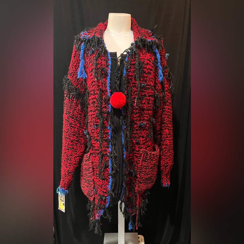 Sharron Katz Handcrafted Cardigan, Red & Blue Pom Pom Knit, Size Large